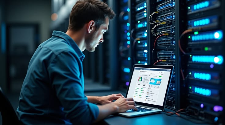 Engineer working inside a data centre with illuminated server racks